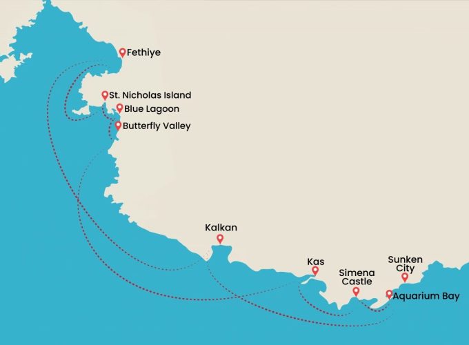 Fethiye Kas Kekova Fethiye - 7 nights 8 days- blue cruise yacht route map