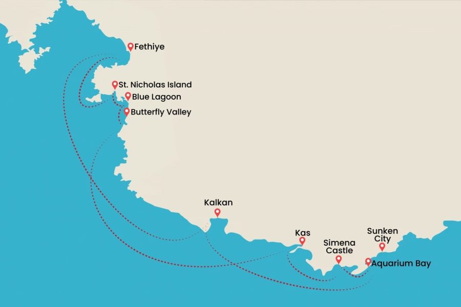 Fethiye Kas Kekova Fethiye - 7 nights 8 days- blue cruise yacht route map